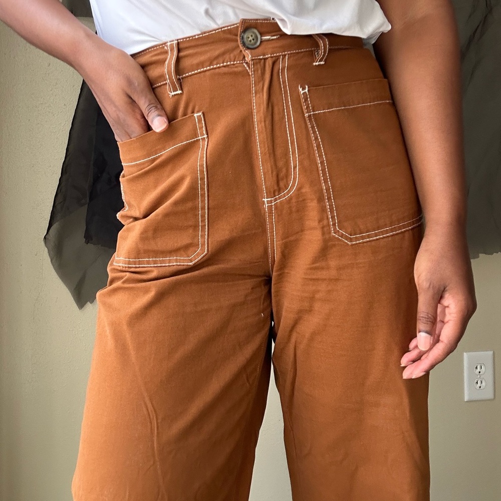 🥶 WhoWhatWear Dark Tan Wide Leg Cropped High Rise Pants Size 6 - Picture 2 of 12